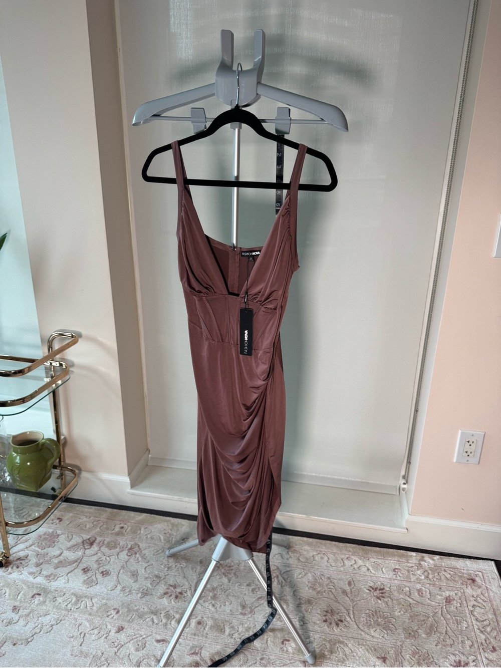 Fashion Nova Mauve Brown Ruched Midi Dress